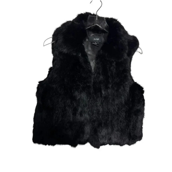 Surell 100% Rabbit Fur Woman's Black Vest size small medium big collar hook eye - Picture 8 of 8